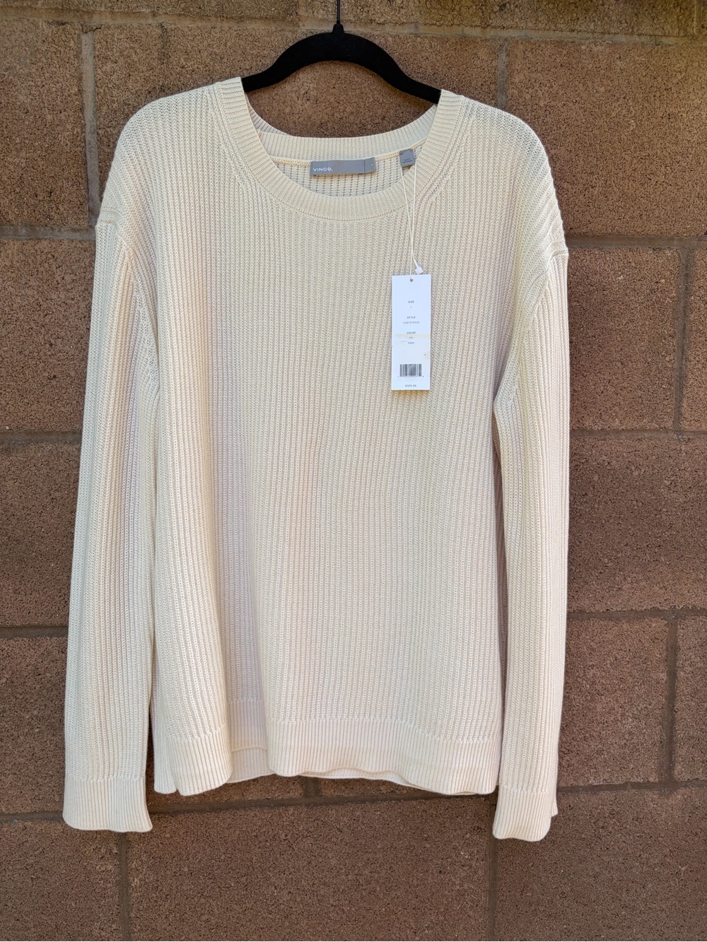 Vince Cashmere Cotton Blend Ribbed Scoop Crewneck Sweater with Wrap and Tie Back